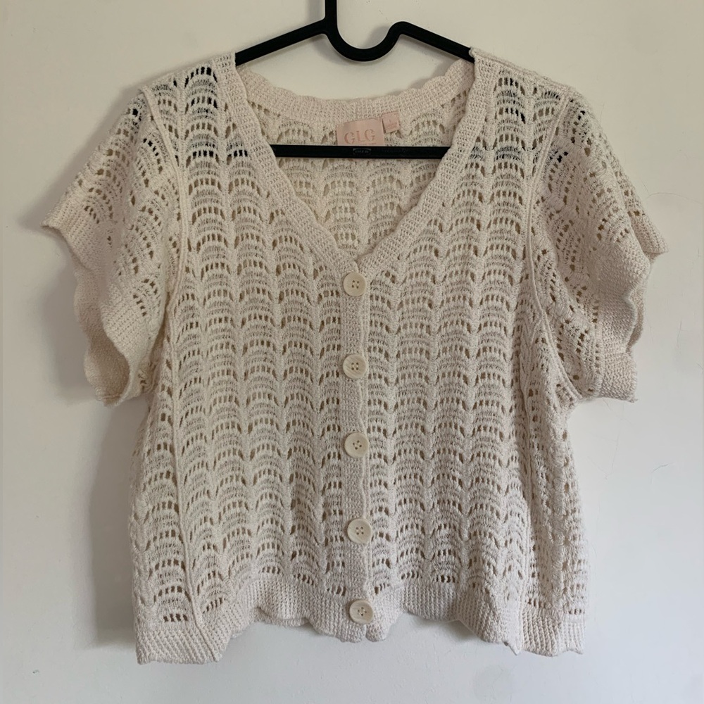 Short Sleeve Knit Button Down | Oatmeal Sweater | Size Large